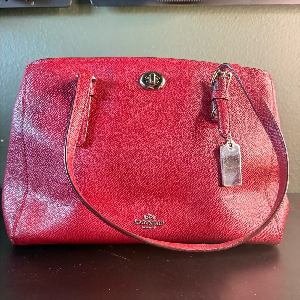 Coach Turnlock Carryall Red Leather Satchel Purse Silver Hardware